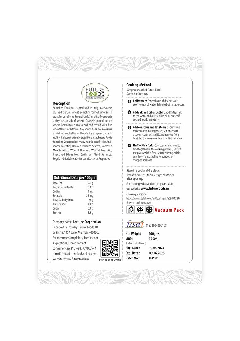 Future Foods Semolina Couscous 900G (Pack Of 2)| Mild And Neutral Taste | Light And Fluffy Texture | Good Fiber Source | With Multiple Health Benefits | Helps Lower Cholesterol