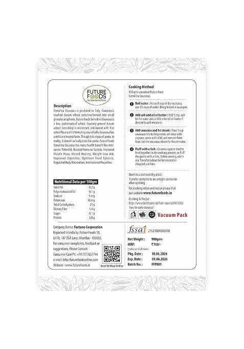Future Foods Semolina Couscous 900G (Pack Of 2)| Mild And Neutral Taste | Light And Fluffy Texture | Good Fiber Source | With Multiple Health Benefits | Helps Lower Cholesterol