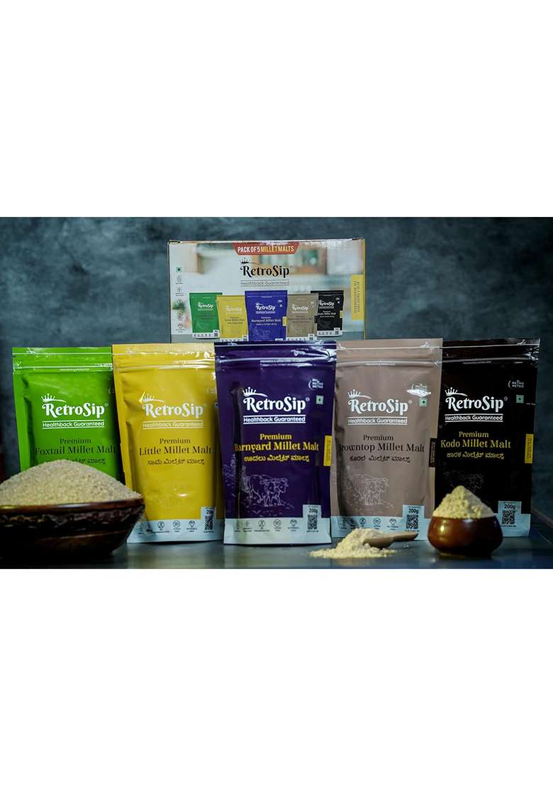 Retrosip® - Combo Pack Of 5 Premium Single Millet Malts | 5X200 G = 1000 G | 100% Natural | Healthy Diet | Single Millet Malts - Indya
