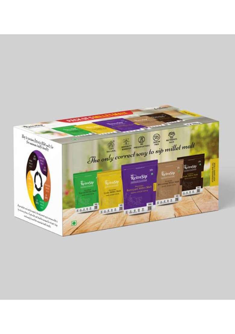 Retrosip® - Combo Pack Of 5 Premium Single Millet Malts | 5X200 G = 1000 G | 100% Natural | Healthy Diet | Single Millet Malts - Indya