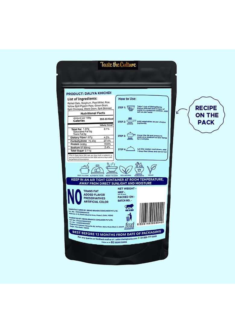 Being Bania Premium Multigrain Daliya With No Wheat | 100% Natural | High Fiber With Rolled Oats Sorghum And 8+ Grains | Healthy Dalia Khichdi | Diet Food, 210 Gram - Indya