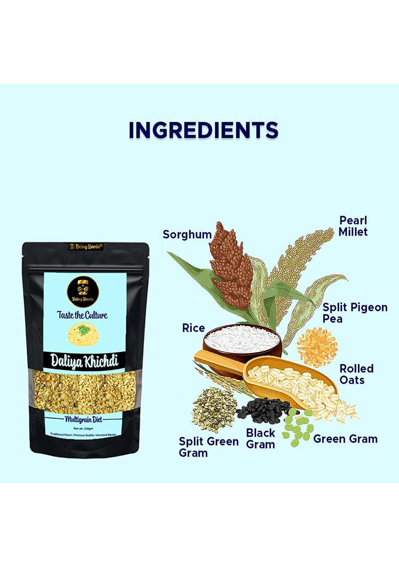 Being Bania Premium Multigrain Daliya With No Wheat | 100% Natural | High Fiber With Rolled Oats Sorghum And 8+ Grains | Healthy Dalia Khichdi | Diet Food, 210 Gram - Indya