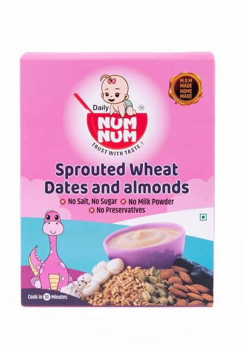 Daily Num Num - Organic Sprouted Wheat Dates Almonds | No Salt, No Sugar Cereals | Sprouted Healthy Tasty Vegan Baby Food Cereal | No Milk Powder | 200G Pack