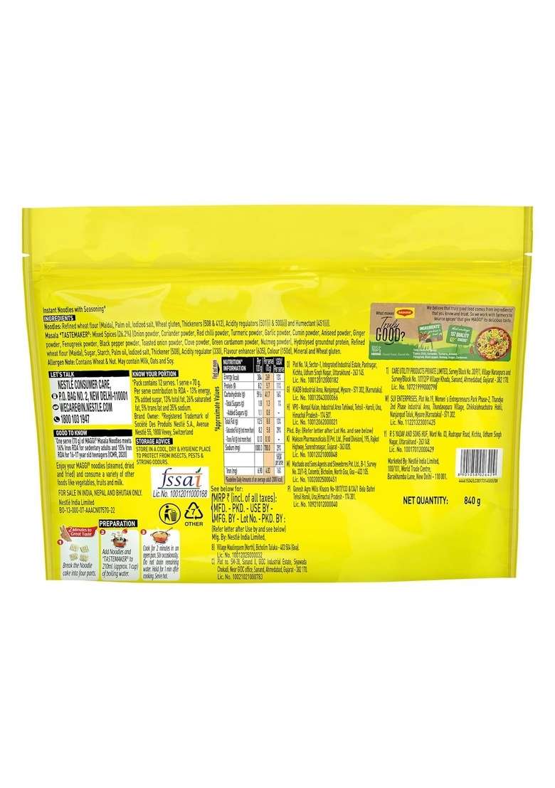 Maggi 2-Minute Masala Instant Noodles | 840/900g (Pack of 12) - Indya