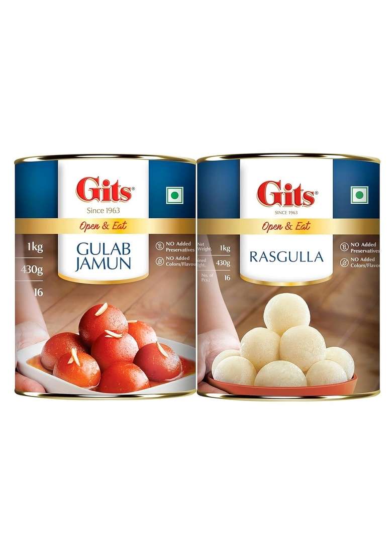 Gits Gulab Jamun + Rasgulla – Open & Eat Indian Mithai | 2Kg Combo Pack - Indya