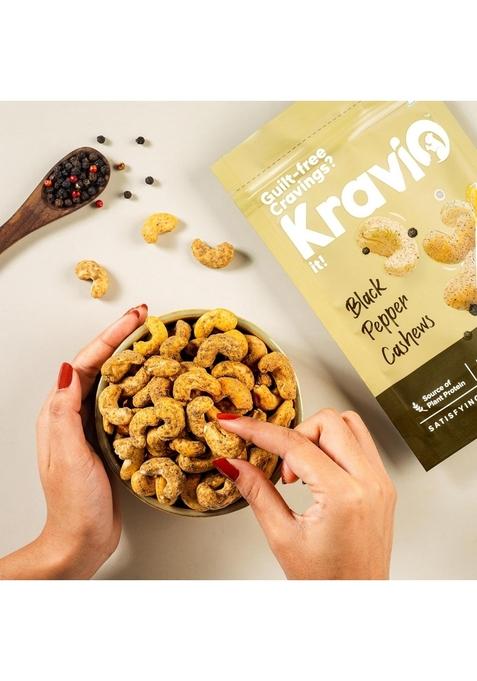 Kravio Black Pepper Roasted Cashew Nuts – Jumbo Whole Kaju | 2 x 200g