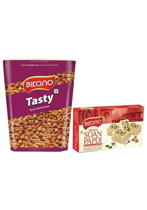 Bikano Tasty Spicy Coated Peanuts 1kg & Soan Papdi Milk – Combo Pack 500g + 100g Extra