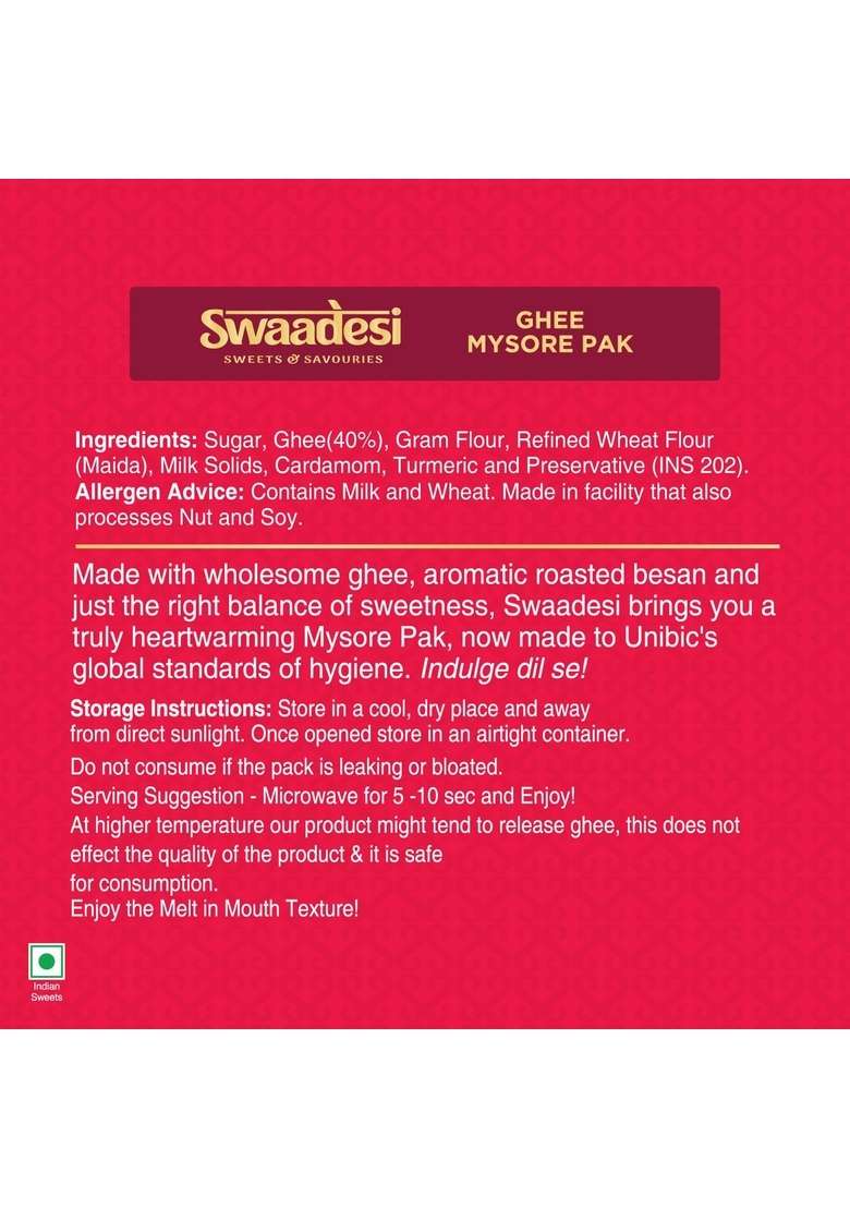 Unibic Swaadesi Premium Mysore Pak – Pure Ghee Traditional Sweet | 180 g - Indya
