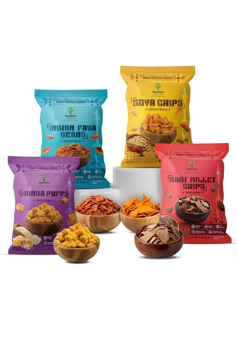 Ssf Supreem Super Foods Normalife™ Snack Combo – Ragi Chips, Fava Beans, Quinoa Puffs & Soya Chips | Pack of 4