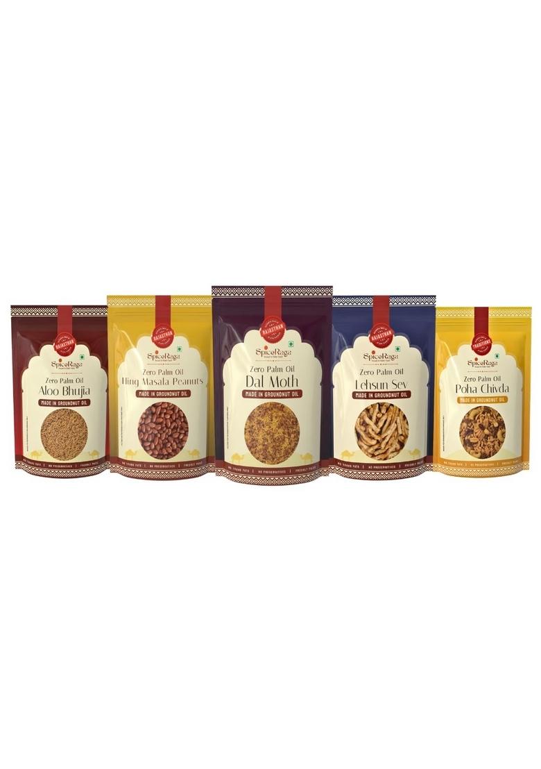 Spiceraga Aloo Bhujia, Hing Peanuts, Dalmoth, Lehsun Sev & Poha Chivda – Pure Groundnut Oil Snacks | Pack of 5