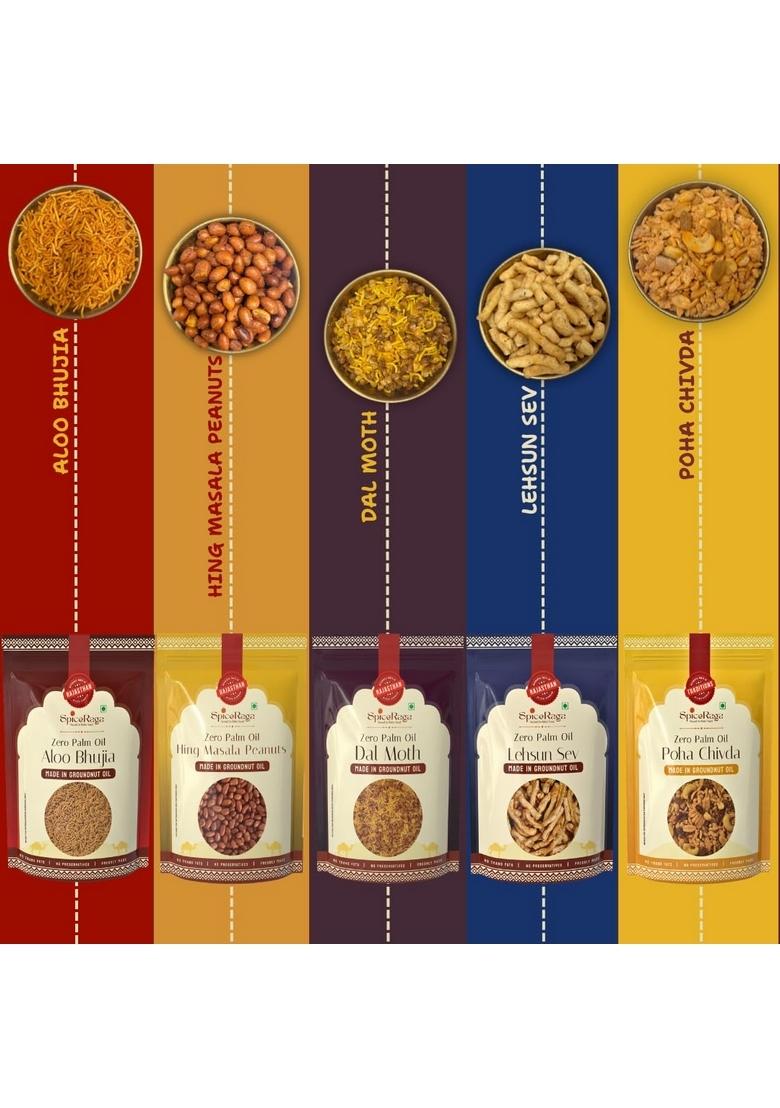 Spiceraga Aloo Bhujia, Hing Peanuts, Dalmoth, Lehsun Sev & Poha Chivda – Pure Groundnut Oil Snacks | Pack of 5