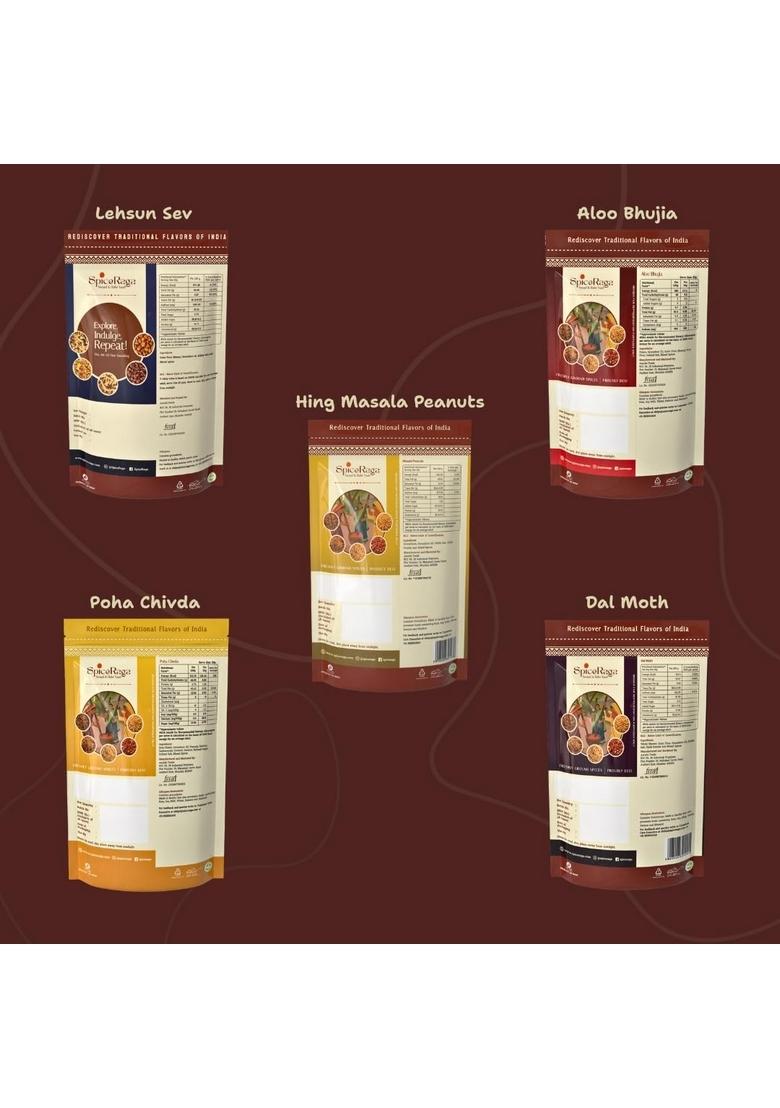 Spiceraga Aloo Bhujia, Hing Peanuts, Dalmoth, Lehsun Sev & Poha Chivda – Pure Groundnut Oil Snacks | Pack of 5