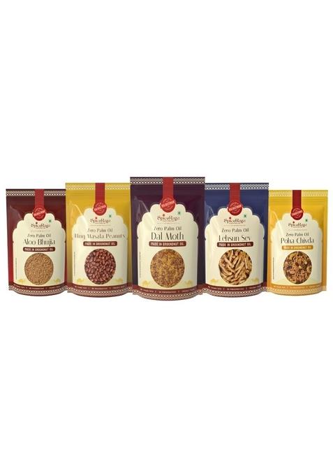 Spiceraga Aloo Bhujia, Hing Peanuts, Dalmoth, Lehsun Sev & Poha Chivda – Pure Groundnut Oil Snacks | Pack of 5