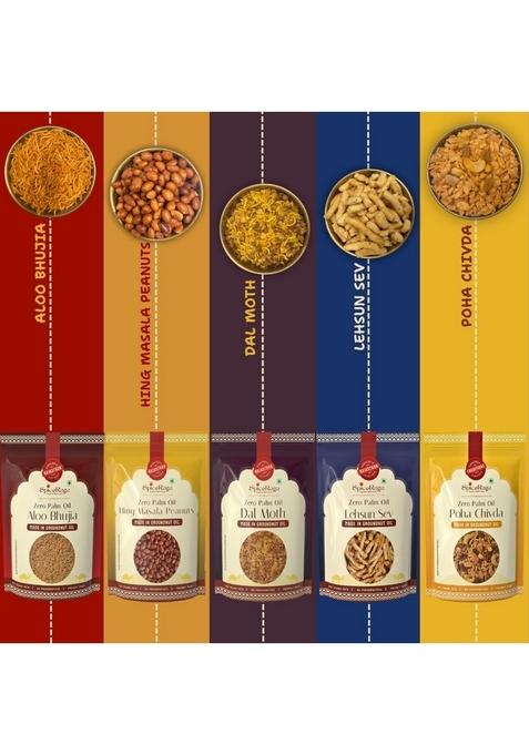 Spiceraga Aloo Bhujia, Hing Peanuts, Dalmoth, Lehsun Sev & Poha Chivda – Pure Groundnut Oil Snacks | Pack of 5