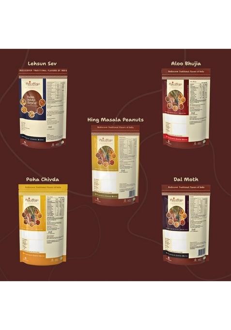 Spiceraga Aloo Bhujia, Hing Peanuts, Dalmoth, Lehsun Sev & Poha Chivda – Pure Groundnut Oil Snacks | Pack of 5