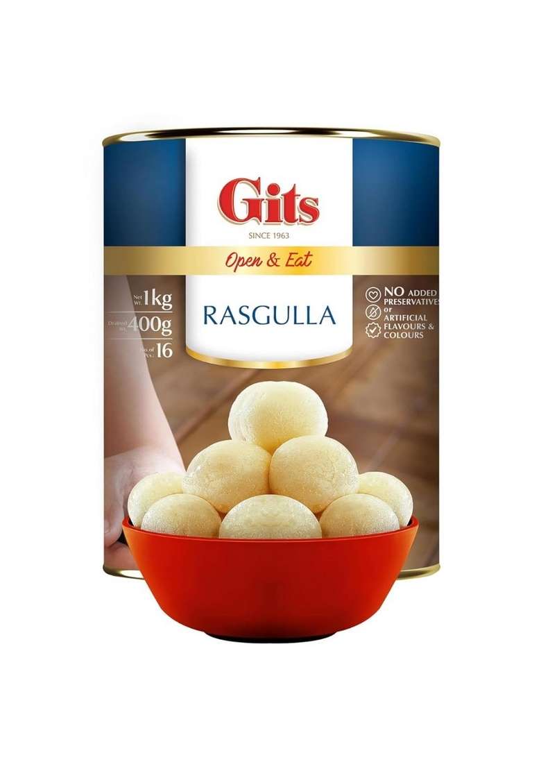 Gits Open & Eat Rasgulla Tin, 16 Pieces per Can, Mouth-Watering Indian Mithai, 1Kg - Indya
