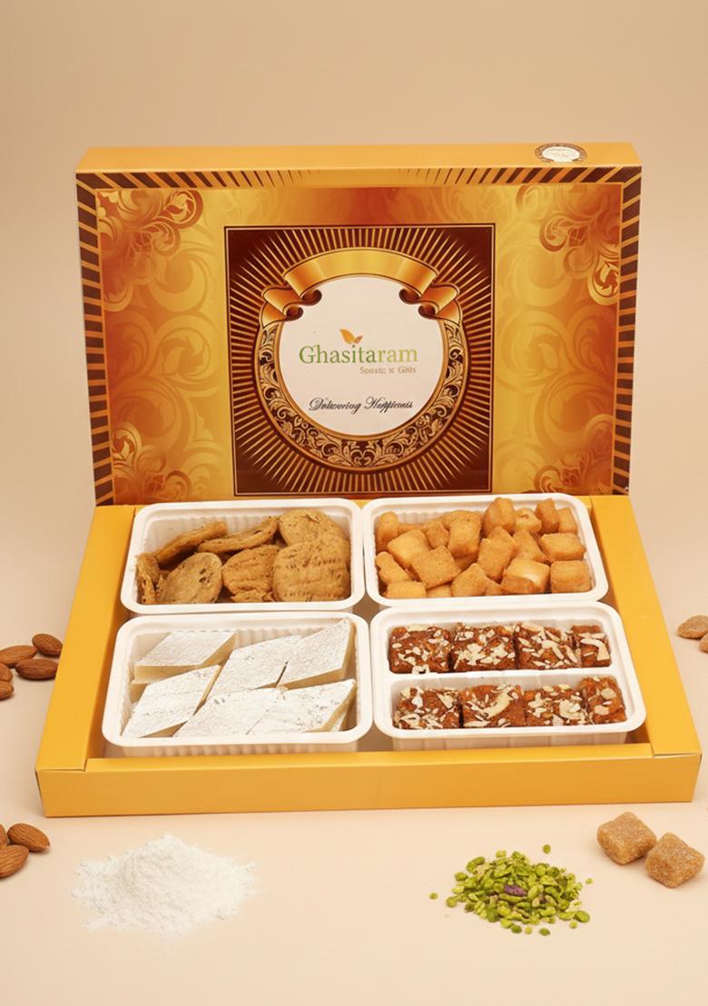 Ghasitaram Big Box Of Kaju Katli, Dodha Barfi, Methi Mathi And Shakar Pada