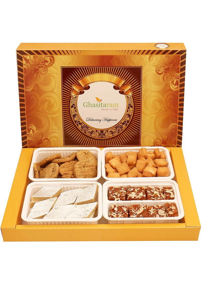 Ghasitaram Big Box Of Kaju Katli, Dodha Barfi, Methi Mathi And Shakar Pada
