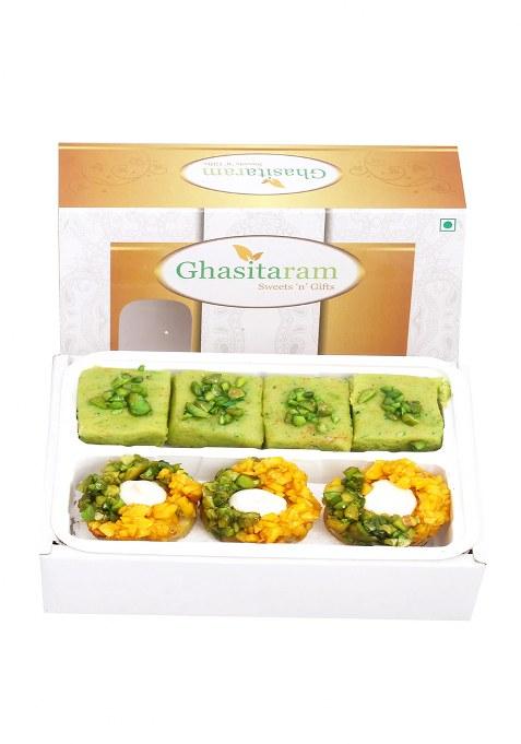 Ghasitaram Assorted Box Of Pista Barfi, Kesar Delight, Choco Boat And Besan Barfi 200 Gms