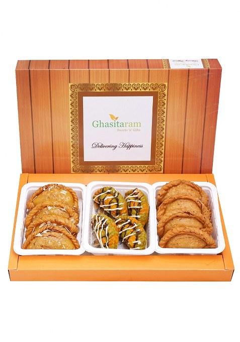 Ghasitaram Sweets-Assorted Box Of Traditional, Dry Sweet And Farsaan Gujiyas
