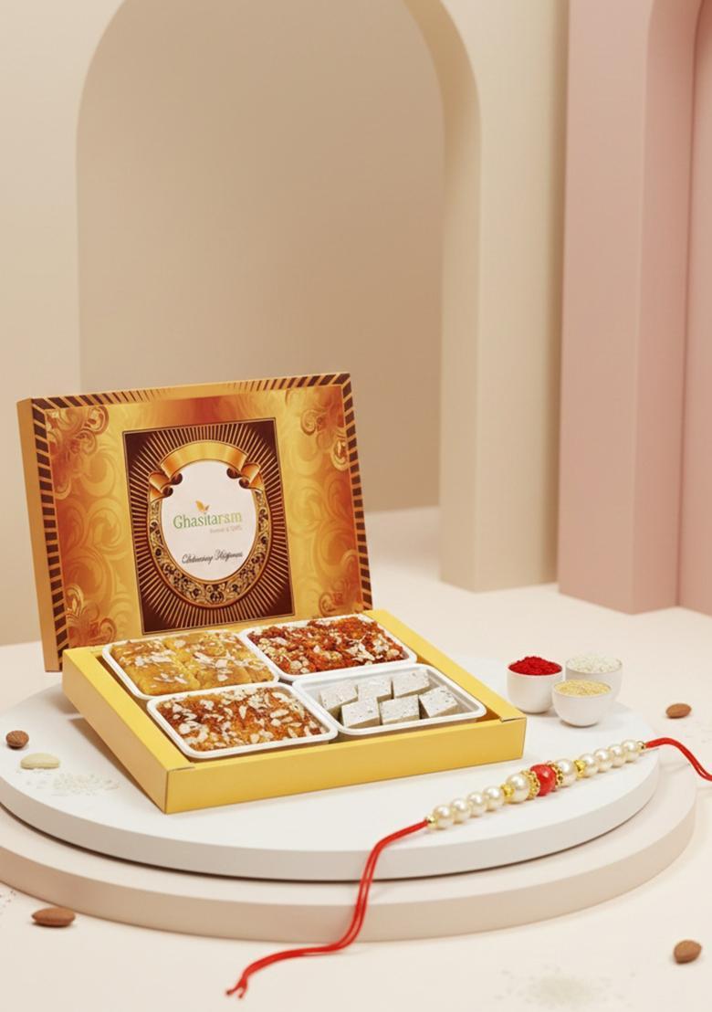 Ghasitaram Big Box Of Kaju Katli, Mysore Pak, Dodha Barfi And Milk Cake With Pearl Beads...