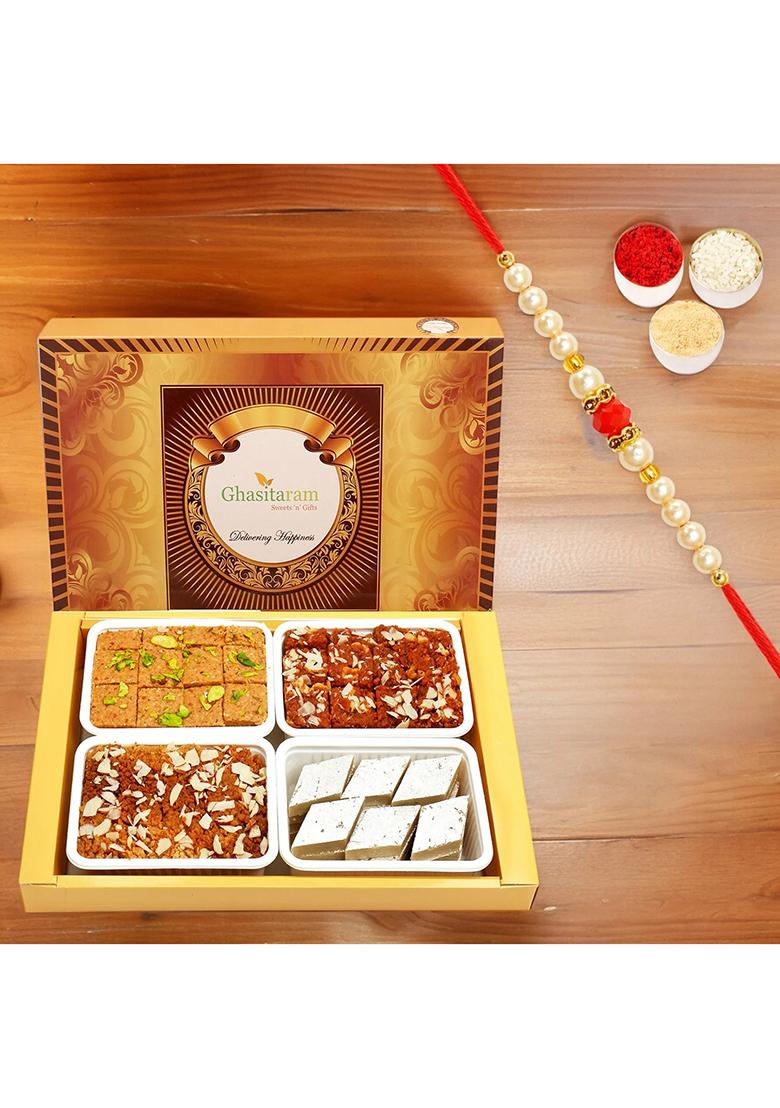 Ghasitaram Big Box Of Kaju Katli, Mysore Pak, Dodha Barfi And Milk Cake With Pearl Beads...
