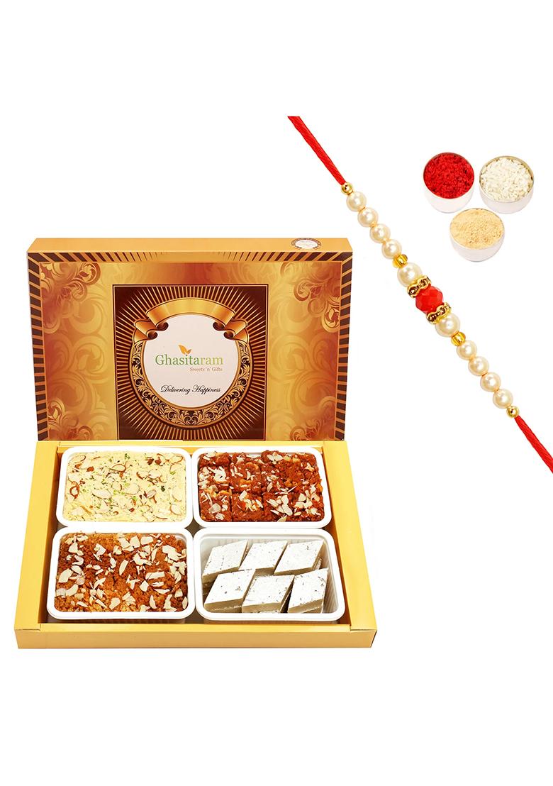 Ghasitaram Big Box Of Kaju Katli, Mysore Pak, Dodha Barfi And Milk Cake With Pearl Beads...