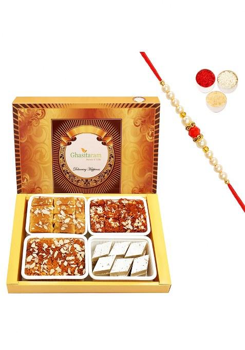 Ghasitaram Big Box Of Kaju Katli, Mysore Pak, Dodha Barfi And Milk Cake With Pearl Beads...