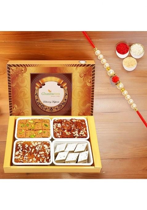 Ghasitaram Big Box Of Kaju Katli, Mysore Pak, Dodha Barfi And Milk Cake With Pearl Beads...