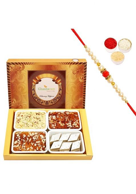 Ghasitaram Big Box Of Kaju Katli, Mysore Pak, Dodha Barfi And Milk Cake With Pearl Beads...