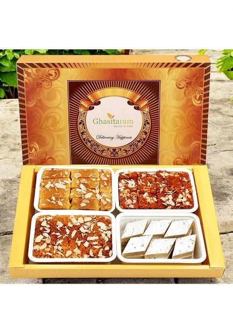 Ghasitaram Big Box Of Kaju Katli, Besan Barfi, Dodha Barfi And Milk Cake
