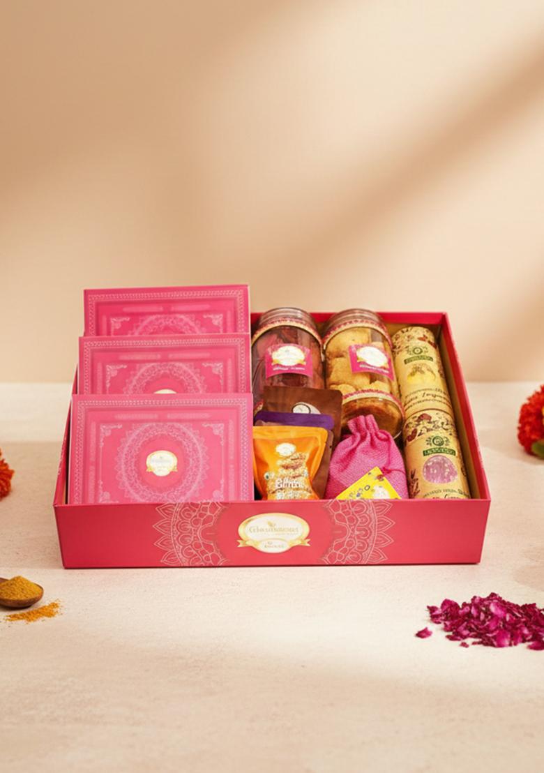 Ghasitaram Holi Sweets| Hampers| Gifts-Big Pink Tray Of Gujiyas, Nmakeen, Sweets/ Bites, Thandai And...