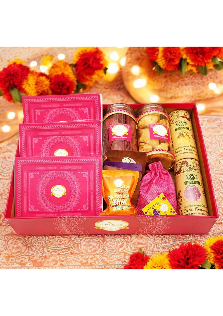 Ghasitaram Holi Sweets| Hampers| Gifts-Big Pink Tray Of Gujiyas, Nmakeen, Sweets/ Bites, Thandai And...