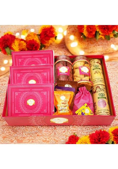 Ghasitaram Holi Sweets| Hampers| Gifts-Big Pink Tray Of Gujiyas, Nmakeen, Sweets/ Bites, Thandai And...