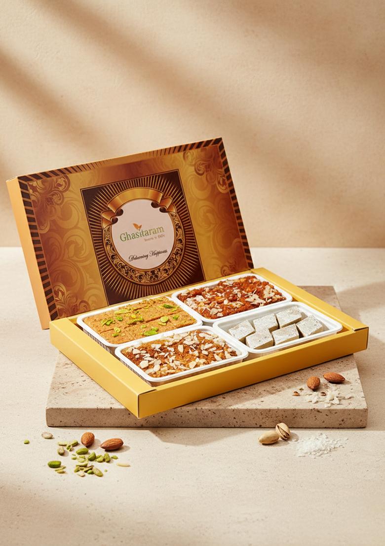Ghasitaram Diwali Gifts-Big Box Of Kaju Katli, Besan Barfi, Dodha Barfi And Milk Cake