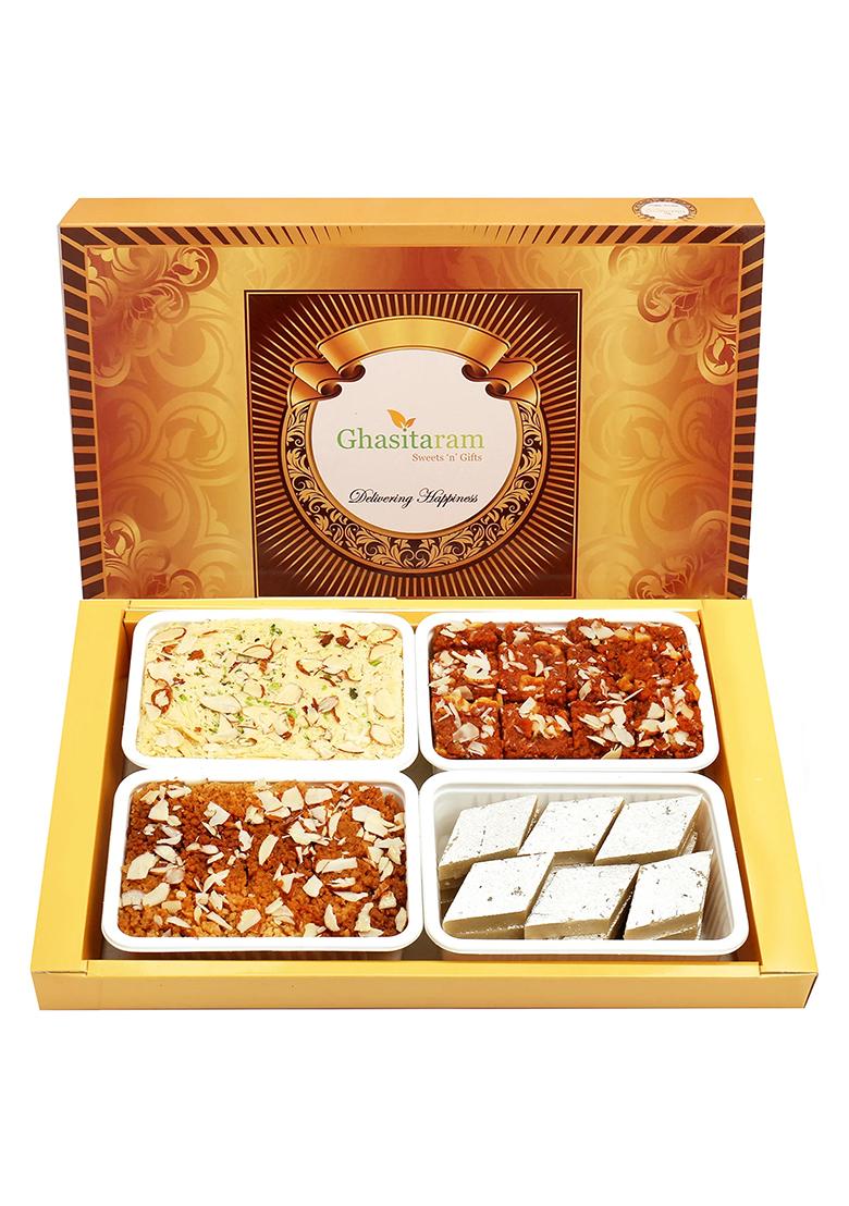 Ghasitaram Diwali Gifts-Big Box Of Kaju Katli, Besan Barfi, Dodha Barfi And Milk Cake