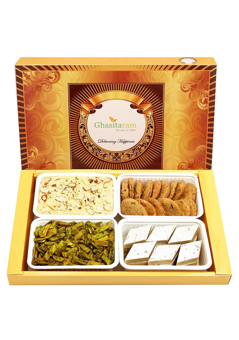 Ghasitaram Diwali Gifts-Big Box Of Kaju Katli, Besan Barfi, Dodha Barfi And Milk Cake