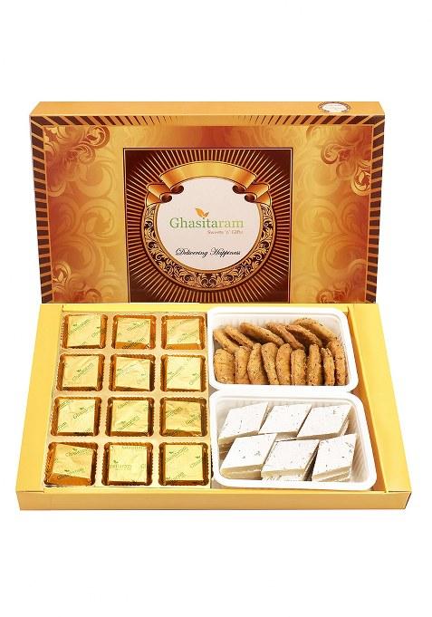 Ghasitaram Diwali Gifts-Big Box Of Kaju Katli, Besan Barfi, Dodha Barfi And Milk Cake