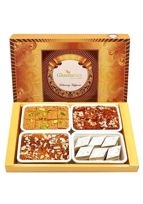 Ghasitaram Diwali Gifts-Big Box Of Kaju Katli, Besan Barfi, Dodha Barfi And Milk Cake
