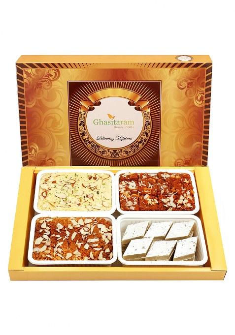 Ghasitaram Diwali Gifts-Big Box Of Kaju Katli, Besan Barfi, Dodha Barfi And Milk Cake