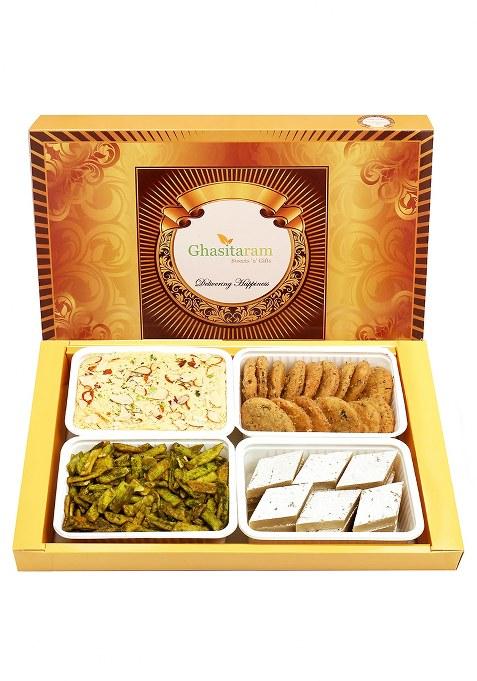 Ghasitaram Diwali Gifts-Big Box Of Kaju Katli, Besan Barfi, Dodha Barfi And Milk Cake