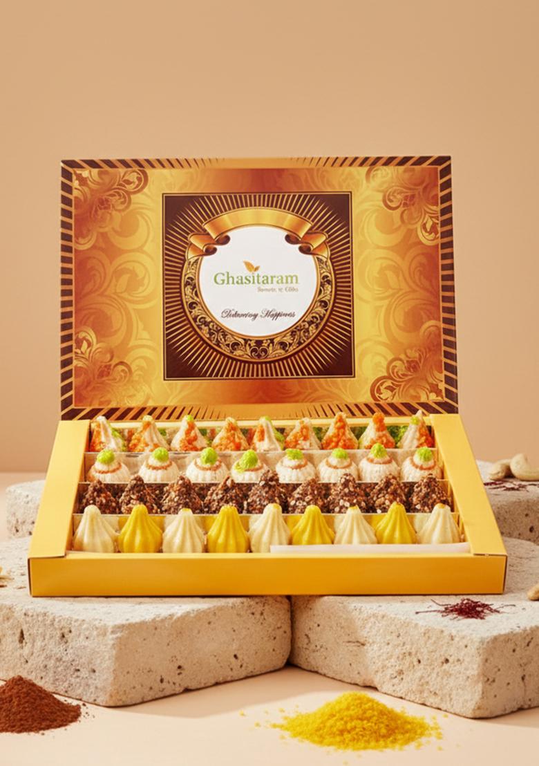 Ghasitaram Box Of Mawa, Kaju, Chocolate And Kesar Pista Modaks 400 Gms