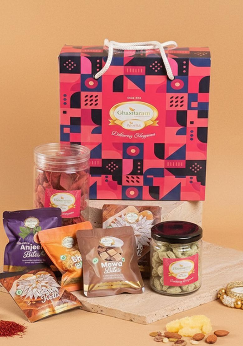 Ghasitaram Diwali Gift Hampers-Diwali Gifts-Bag Box Of Mithai Pouches, Namkeen, Dryfruit And T-Lights