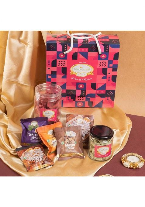 Ghasitaram Diwali Gift Hampers-Diwali Gifts-Bag Box Of Mithai Pouches, Namkeen, Dryfruit And T-Lights