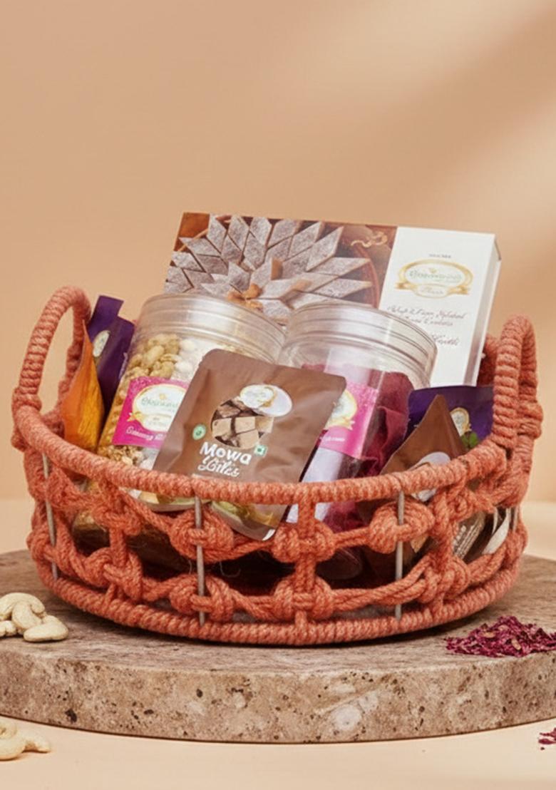 Ghasitaram Orange Jute Basket With Kaju Katlis/ Namkeen And Bites