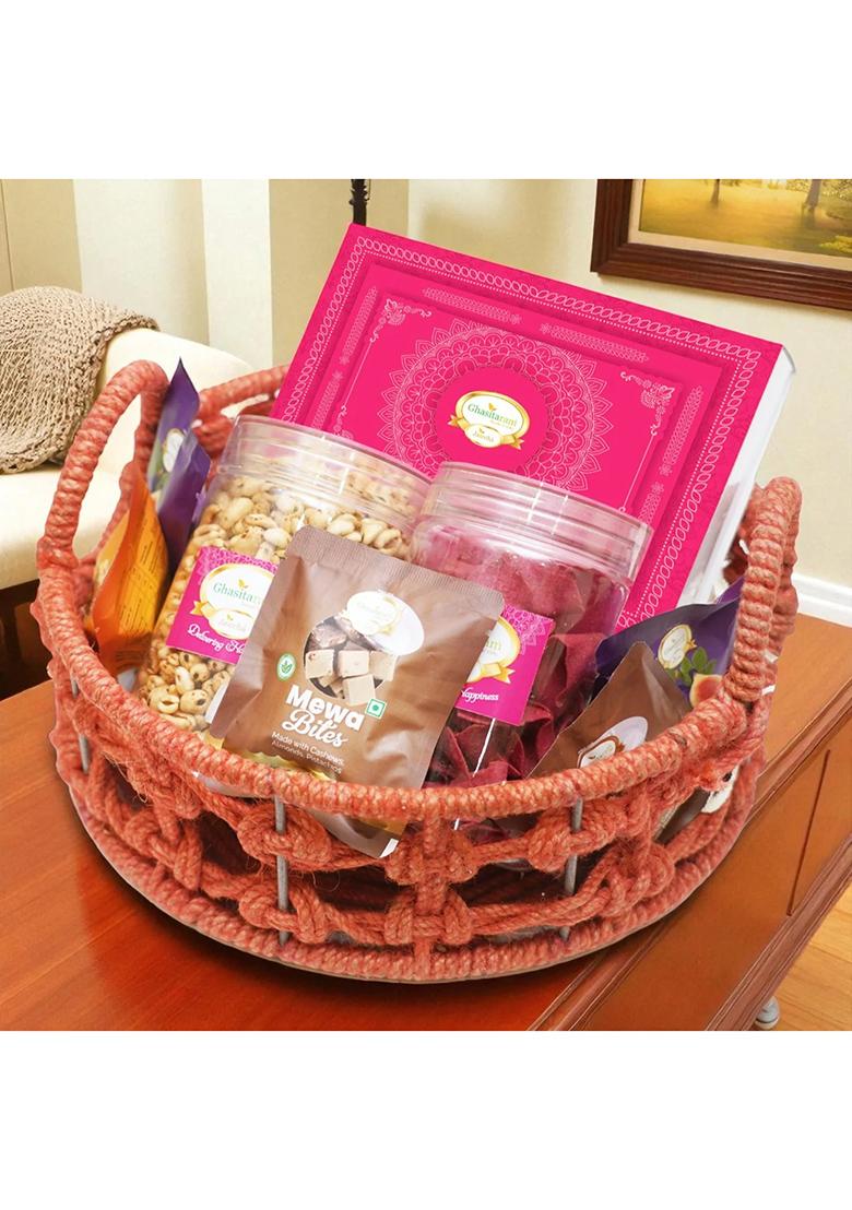 Ghasitaram Orange Jute Basket With Kaju Katlis/ Namkeen And Bites