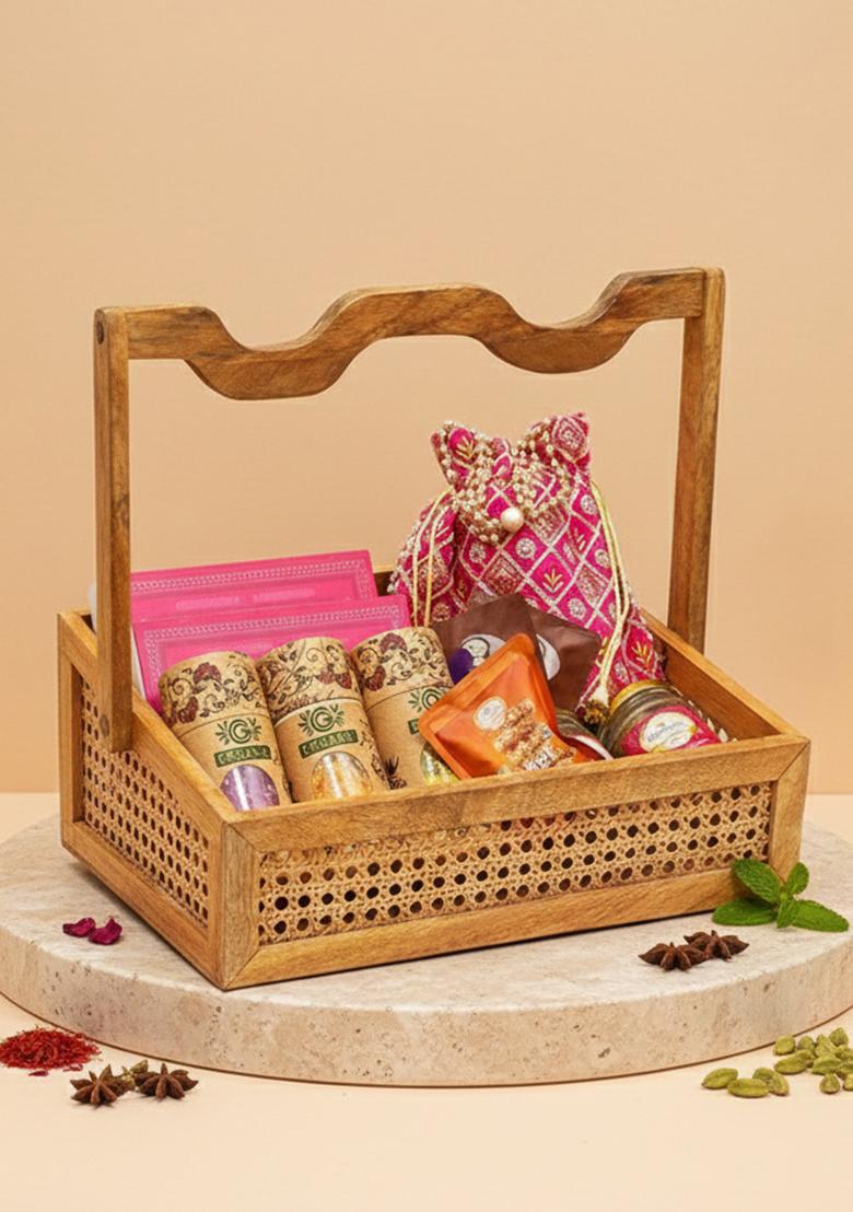 Ghasitaram Holi Sweets| Hampers| Gifts-Wooden Rattan Basket Of Gujiyas, Sweets/ Bites, Dryfruits, Thandai And...