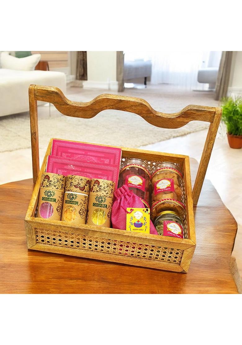 Ghasitaram Holi Sweets| Hampers| Gifts-Wooden Rattan Basket Of Gujiyas, Sweets/ Bites, Dryfruits, Thandai And...
