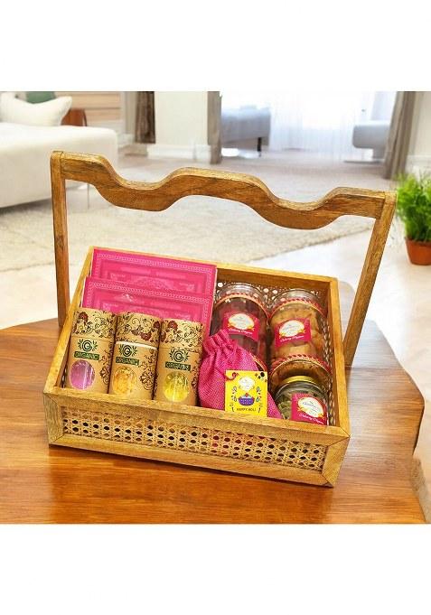 Ghasitaram Holi Sweets| Hampers| Gifts-Wooden Rattan Basket Of Gujiyas, Sweets/ Bites, Dryfruits, Thandai And...