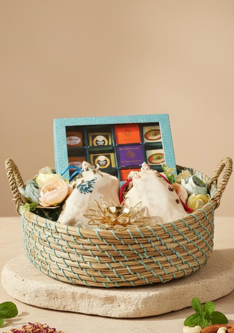 Ghasitaram Blue Jute Basket Of Kaju Katli , 2 Pouches Dryfruits And A Diya